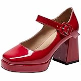 Latasa Mary Jane Shoes Women:Platform Chunky Heels Square Toe Pumps, Formal Graduation Prom Trendy Dress Shoes (8,Red)