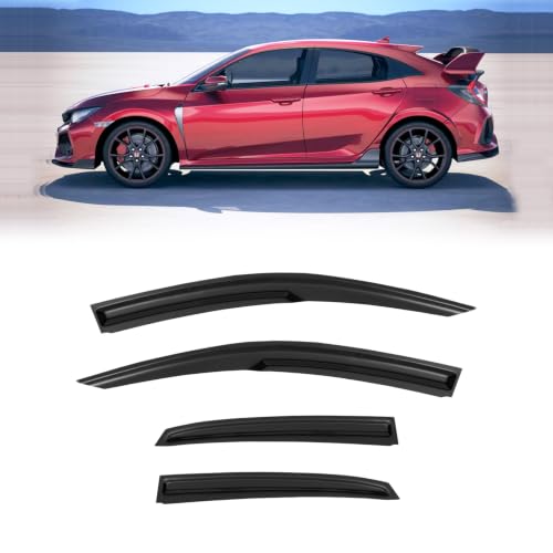 Image of Rain Guards Window Visor for 2016-2021 Honda Civic Hatchback(Not Sedan) | Out-Channel Shields Vent Deflector Shade Wind Dark Smoke 2017 2018 2019 2020 16 17 18 19 20 21, Tape-On Outside-Mount, 4PCS