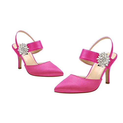 Image of ERIJUNOR Mid Heel Shoes for Women Pointed Toe Slingback Rhinestone Brooch Satin Dress Pumps Evening Prom Wedding Shoes