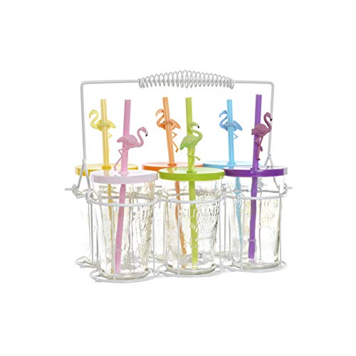Hogar y Mas Vasos Cristal con Tapa y Pajita 100 ml, en Set de 6. Diseño Original/Flamencos 26,5X16X24 cm