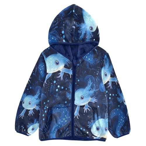 Blue Axolotl Pattern Prints Toddler Fleece Jacket Girl Boys Hooded Fleece Jacket Coat Warm Outwear Zip-up 3-10T