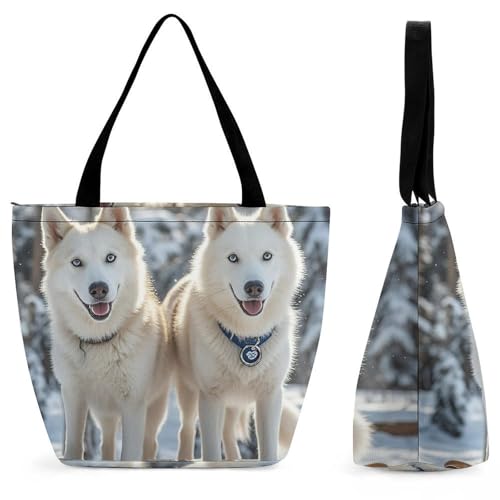 Women Tote Bags with Handles Husky Dogs Shoulder Bag with Zipper Handbags Shopping Bags Travel Bag Beach Bag Reusable Grocery Bag for Swim Holiday Gift