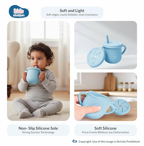 Image of Kids Station Whale Design 8-Piece Silicone Feeding Set for Babies | BPA-Free, Suction Bowl, Plate, Spoon, Fork, Bib, Cup & Straw - Dishwasher Safe | Ideal for Infants & Toddlers (Pack of 8, Blue)
