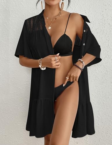 Bsubseach Swim Cover Up for Women Lace Splicing Bathing Suit Cover Up Bell Sleeve Beach Dress4