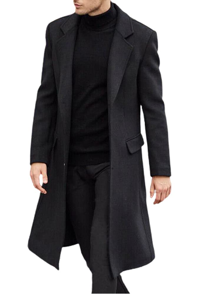 chroes Men's Fall Winter Office Single Breasted Long Dress Wool Coat Overcoat Black-picture-45