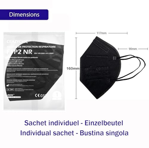 CRAZYCHIC - 10x FFP2 Maske Schwarz Atemschutzmaske - Staubschutzmaske - Mundschutzmaske 5 Lagen - Schutzmaske Hohe Filtration Maske - Hygienisch Einzelverpackt