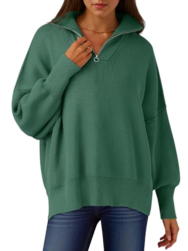 Image of ANRABESS Womens Oversized Quarter Zip Pullover Sweaters | Fall Fashion Outfits, Long Sleeve Slit Side, Baggy Loose Fit, 1 /4 Zip Lapel Collared, Ribbed Knit Soft Warm Winter Clothing