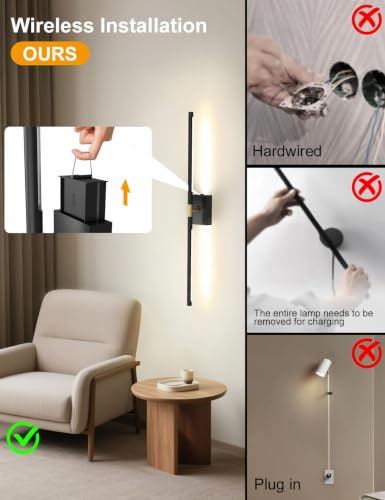 Image of Battery Operated Wall Sconces Set of 2: 10000mAh Rechargeable Wall Lights, Easy Install 360 Rotate 3000K-6000K LED Wireless Wall Light Decor for Bedroom Living Room Hallway Picture Lighting Gallery