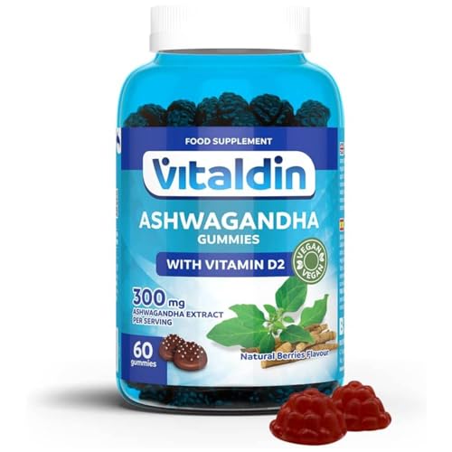 VITALDIN Ashwagandha Gummies – 300 mg estratto di Radice di Ashwagandha KSM-66 e 1000 UI Vitamina D2 – 60 Caramelle Gommose, gusto Frutti Rossi – Adattogeno Anti stress, Calma e Relax