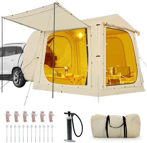 Inflatable SUV Tent Attachment for Camping, Large Inflatable Tents for Camping 4-6 People, SUV Blow Up Car Tent, Instant Pop Up Tents with Awning & AC Port for Car Trunk