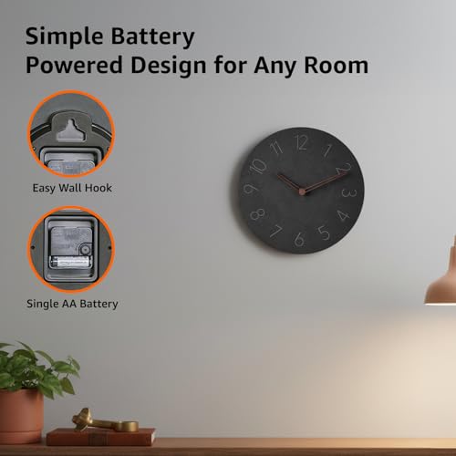 Image of Amazon Basics Analog Wall Clock with 12Hr Display, Matte Slate Finish, Battery Operated, Black Color, Easy Wall Mount, Lightweight & Stylish Design for Home & Office - 25x25x4.8cm