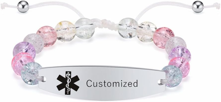 ZKXXJ Personalized Medical ID Bracelet for Women,Custom Engraving Adjustable Cord Pink Crystal Medic Alert Bracelets Wristband Sos Emergency Gift for Daily Wear