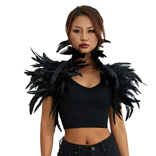 Niceyoeuk Women Natural Feather Cape Maleficent Costume Gothic Lacing Shawl Shrug Collar Feather Cape for Halloween Cosplay Christmas Party (Black, One Size) - Image 4