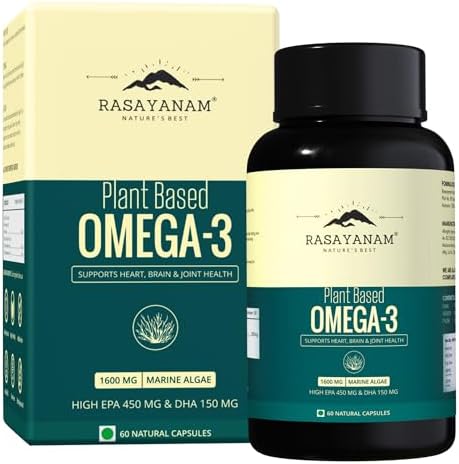 Rasayanam Plant Based Omega-3 Capsules, 1600mg | Gelatin Free, No Burps, No Fish Oil, Pure Algae | 450mg EPA & 150mg DHA, Better Joint & Heart Health | Vegetarian Omega 3 Supplement - 60 Capsules