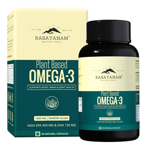 Rasayanam Plant Based Omega-3 Capsules, 1600mg | Gelatin Free, No Burps, No Fish Oil, Pure Algae | 450mg EPA & 150mg DHA, Better Joint & Heart Health | Vegetarian Omega 3 Supplement - 60 Capsules