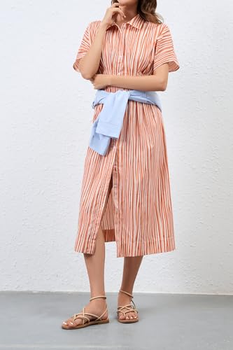 Image of Women's Striped Button Front Pleated Maxi Shirts Dress Short Sleeve Collar V Neck Summer Casual Corset Long Dress