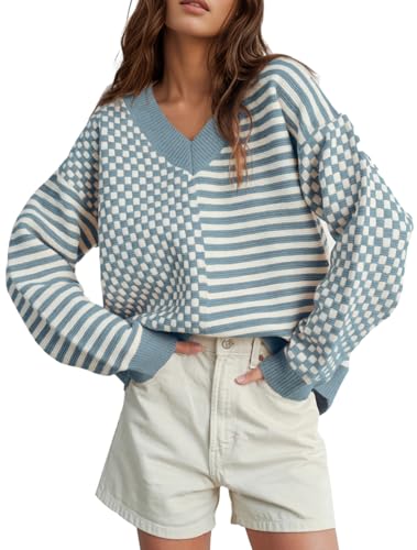 Image of UNCLECAT Womens Striped Checkered Sweater V Neck Fall Trendy Pullover Tops