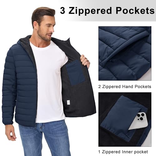 Image of Cotrasen Mens Puffer Jacket Sherpa Lined Water Resistant Hooded Full Zip Mid-Weight Warm Insulated Winter Coat