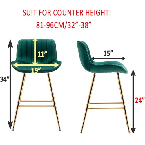 Image of Sidanli Counter Height Bar Stools Set of 2, Modern Velvet Barstools with Back, 24 inch Seat Height Comfortable Island Stools with Gold Legs, Green