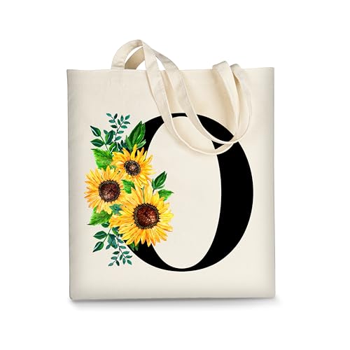 AUSVKAI Canvas Tote Bag Aesthetic for Women Cute Sunflower Initial Trendy Monogram Personalized Initial Birthday Reusable Cloth Cotton Bags with Handle for Grocery College Shopping Beach