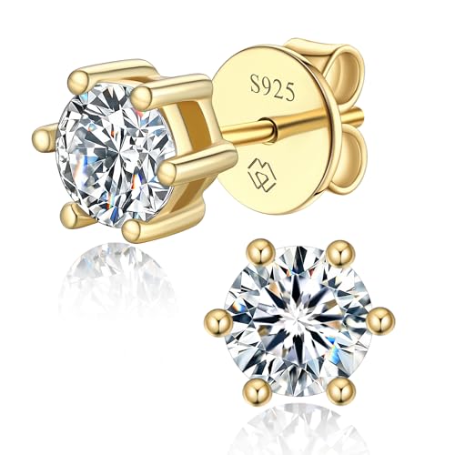 MomentWish Moissanite Ohrstecker Gold 585 2 Karat/6 5 mm Goldene Ohrringe Damen mit Stein Hypoallergene Echt Silber Geschenk für Frauen Mama-6 Prong