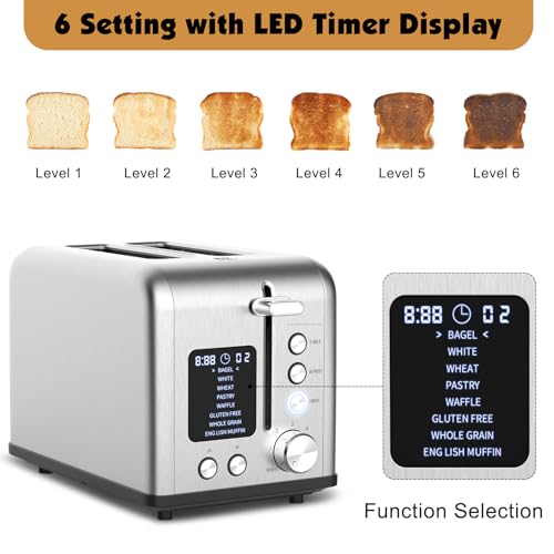 2-Slice Bagel Toaster Stainless Steel with Screen- Single Slice Function for Single-Sided Stuffed Bagel, 8 Bread Types, 6 Browning Levels, LED Countdown Timer, Defrost/Reheat/Cancel, 825W by Tyyaefy - Used condition - Image 3