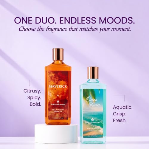 Image of Bath & Blossoms Maverick & Ocean Breeze | Duo Shower Gel Collection | Crisp Aquatic meets Bold Citrus & Spice | 2 x 260 ml | Aloe Vera & Vitamin E | Vegan & Paraben Free | Premium Body Care | Luxury Gifting
