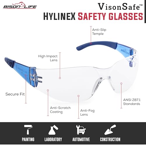 Image of Bison Life Vison Safe HylineX Safety Glasses with Soft Rubber Temples, Anti-Scratch Anti-Fog Clear Lens Blue Temple Goggles - Pack of 1