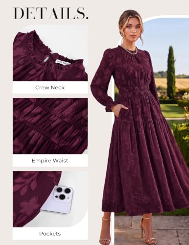 GRACE KARIN Women's Long Sleeve Maxi Dress Boho Floral Fall Wedding Guest Dresses Flowy Party Outfit with Pockets Wine S — view 3