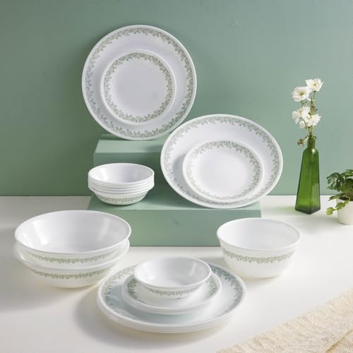 Image of CORELLE Spring Blossom Mint 8 Pcs Dinner Set for 4 Persons| 4 Plate, 4 Small Bowl for Dining|Vitrelle 3 Layer Glass|Lightweight Non-Porous Surface Crockery|1-Year Warranty on Chip /Break /Scratch