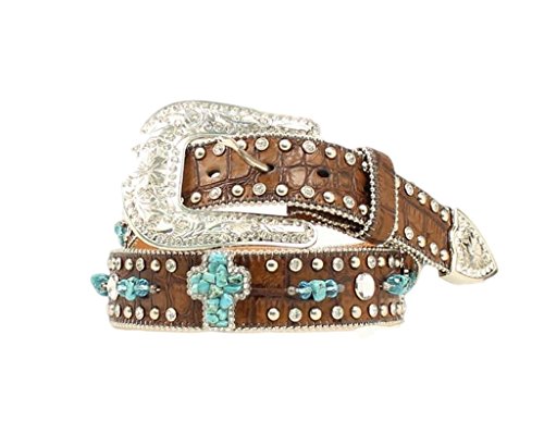 Nocona Belt Co. Women's Turquoise-Hue Stone Cross And Croc Print Leather Brown X-Large