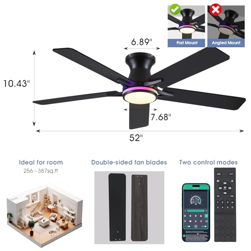 Image of 52 inch RGB Ceiling Fans with Lights and Remote /APP,Black Low Profile Ceiling Fans,Modern Flush Mount Ceiling Fans for Bedroom Kids Room
