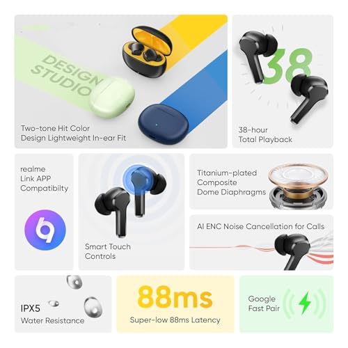 Image of Buds T110 Bluetooth Truly Wireless in Ear Earbuds for Realme mic, AI ENC for Calls, Google Fast Pair, 38 Hours Total Playback with Fast Charging and Low Latency Gaming Mode (Punk Black)