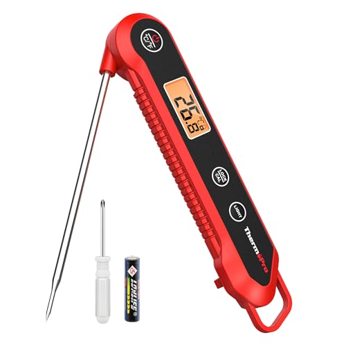 ThermoPro Digital Food Thermometer Probe, IPX6 Waterproof Meat Thermometer Foldable Probe with Backlight/Calibration/Lock Fuction, Kitchen Instant Read Use for Chicken, Beef, Fish, Pork, Ham, Red