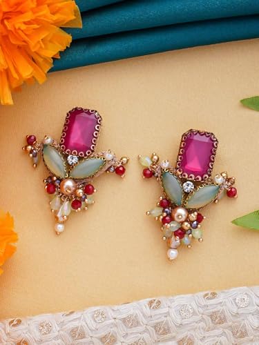 Image of SANJOYA Gold Plated Traditional Embroidered Jewellery for Women & Girls | Stone Studded Wedding, Festive, Mehendi, Sangeet Collection | Necklace, Earrings, Maang Tikka, Bracelet & Ring