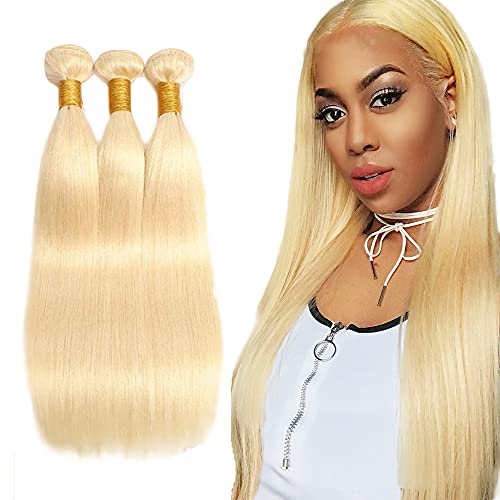 AuokMar 8-30Inch 613 Bundles Human Hair Honey 613 Blonde Brazilian Human Hair Bundles Straight 3 Bundles 8A Grade 100% Unprocessed Virgin Hair Remy Weave Hair Extensions (22 24 26 Inch)