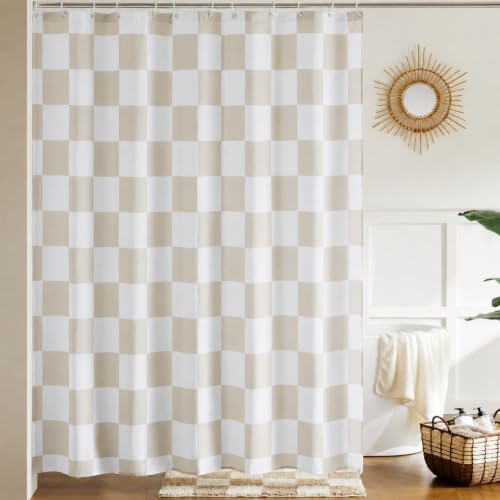 Ohocut Checkered Shower Curtain, Beige Shower Curtains for Bathroom, Cute Retro Checkboard Shower Curtain Vintage Aesthetic, Washable Fabric Bath Curtain 72''x72''