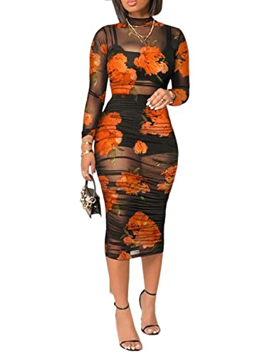 Image of Rodawu Women's Sexy See-Through 3-Piece Set Midi Dress Outfits | Printed,Long Sleeve,Sheer Mesh,Crop Tank Top,Bodycon Skirt,Ruched Cover,Soft,Lightweight,Breathable,Skin Friendly Fabric