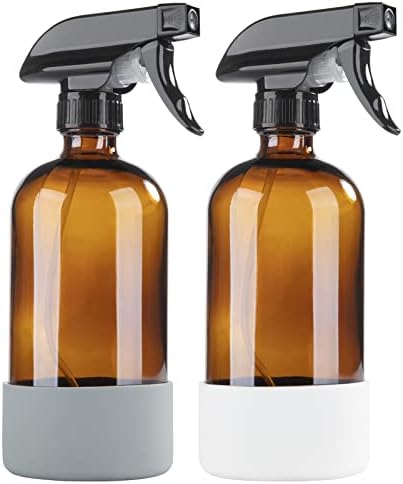 HOMBYS Empty Glass Amber Spray Bottles with Silicone Sleeve Protection - Refillable 16 oz Containers for Cleaning Solutions, Essential Oils, Misting Plants - Quality Sprayer -(2 Pack Amber)