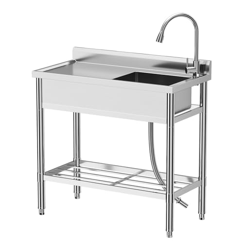 GarveeTech Freestanding Single Bowl Sink, NSF Commercial Restaurant Kitchen Sink Set with Faucet and Cold & Hot Water Pipe, Stainless Steel Sink for Kitchen, Bar, Garage, Backyard (39 in) - image 9