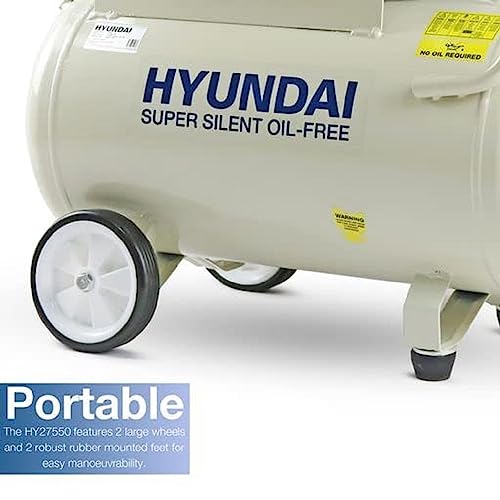 Hyundai 50 Litre Portable Air Compressor, 11CFM/118psi, Oil Free, Low Noise, Electric 2hp 230v Direct Drive, Lightweight, 11CFM/ 300 litres per Minute