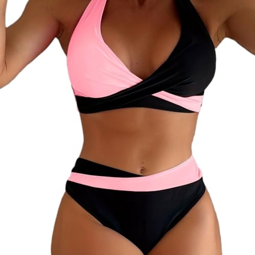 Two-Piece Bikini Swimsuit for Women Solid Color Sexy Patchwork Multi Color Sexy Bikini with Neck Strap
