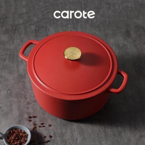 Image of CAROTE 4.7 Litre Enameled Cast Iron Dutch Oven with Lid - Biryani Pot | Gas & Induction Compatible | Oven Safe up to 260C | Even Heat Retention | Red
