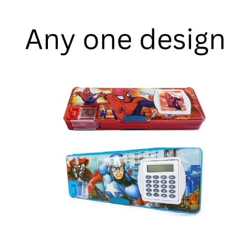 Image of Avenger Pencil Box Integrated Sharpener and Calculator, Magnetic Lock, Dual Compartments, Cartoon Stationery Case School Kit for Girls, Kids, Students Combo Set of 5in1