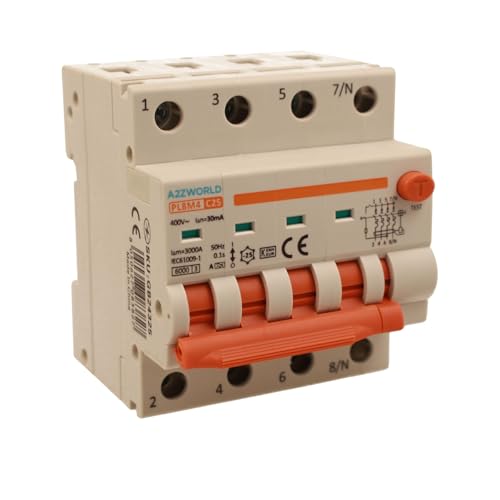 A2ZWORLD Interrupteur magnétothermique différentiel triphasé, type A 30 mA, RCBO Classe A 4P C25 25 A, courbe C 3P+N 6000A, occupe 4 modules DIN, AC 400 V IP20