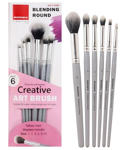 Image of Isomars Creative Blending Brush Set of 6 for Artists & Painters | Professional soft blending brushes for watercolor, acrylic, gouache, ink and oil painting with ergonomic grey handles