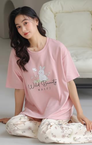Image of GLASGO Women's Cotton Pajama Set with Top & Pants|| Korean Night Wear|| Loose Fit Home Wear || Lightweight Printed Set || Soft & Comfy Sleepwear for Girls & Women || LNS-4-$