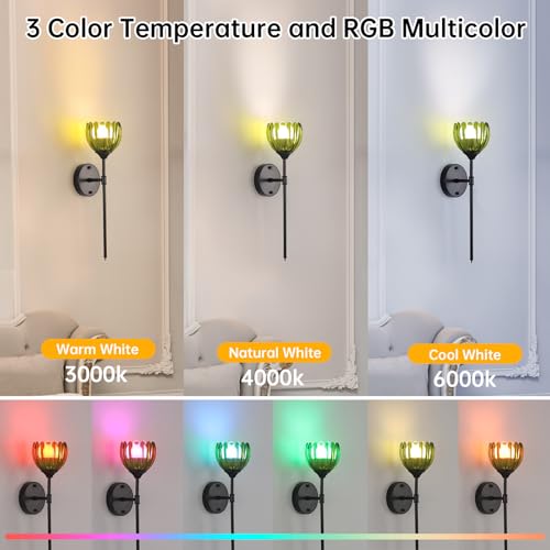 Image of Shenmoyl Battery Operated Wall Sconce Set of 2, Green Tulip Vintage Wall Light Fixture Rechargeable 5000mAh Battery Powered Wall Lamp with Remote for Living Room Bathroom, Black