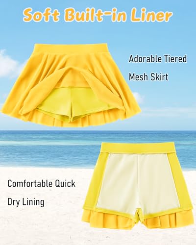Image of Girls Rash Guard Swimsuit Long Sleeve Bathing Suits with Swim Skirt Shorts Two Piece Sun Protection Swimwear for 3-12 Years