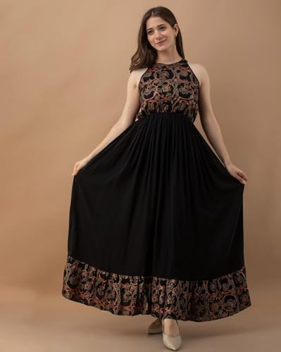 Image of Daevish Rayon Floral Printed Halter Flared Maxi Dress for Women | Women Flared Dress